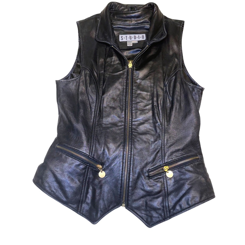 Vintage Y2K Studio Women Black Leather Full Zip Vest Size M 90s‎ edgy streetwear